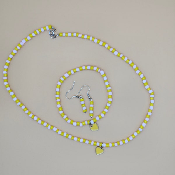 Set of 3 Bead Accessories | Summer Heart | Yellow Beaded Necklace Set | Yellow Heart | Yellow Necklace | Yellow Bracelet | Yellow Earrings