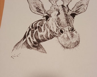 Oeuvre d'art originale girafe, stylo de calligraphie encre noire, collection préférée de l'artiste