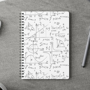 May include: A white spiral notebook filled with handwritten mathematical equations and graphs. The notebook contains various mathematical formulas, including trigonometric functions, limits, and derivatives.