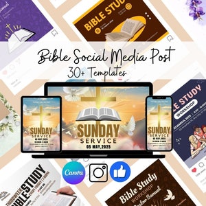 May include: A collection of social media post templates for churches and religious organizations. The templates feature images of a cross, an open bible, and doves. The text on the templates includes the words "Sunday Service", "Bible Study", and "Workshop".