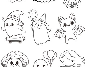 May include: Black and white line art illustrations of Halloween-themed characters. Includes a ghost, pumpkin, Frankenstein's monster, a ghost on a skateboard, a ghost with a balloon, a bat, a mushroom ghost, a ghost with balloons, and a witch.