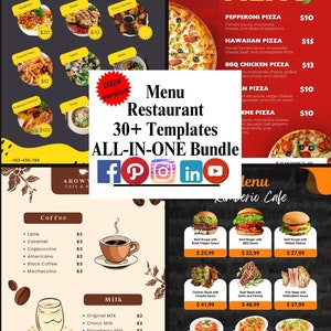 Menú de restaurante/cafetería, más de 30 plantillas Paquete TODO EN UNO, Menú de desayuno, almuerzo y cena imprimible, Plantilla editable, descarga instantánea