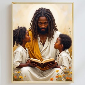 African American Jesus Reading to Young Boys | Printable Art | Jesus Reading Bible Stories to Children | Digital Christian Art