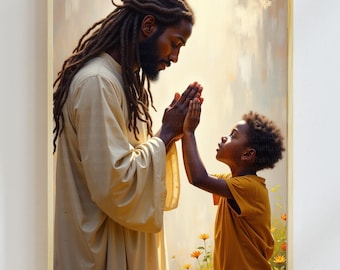 African American Jesus and Little Black Boy Praying - Printable Art |  African American Christian Art | Christian Digital Wall Art for Kids