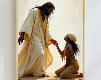 African American Jesus Heals a Sick Woman - Printable Art |  Christian Digital Wall Art | Faith-Filled Home Décor