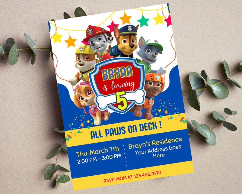Editable Printable Birthday Invitation Card Template for Kids Marshall, Skye, Rubble, Chase ...