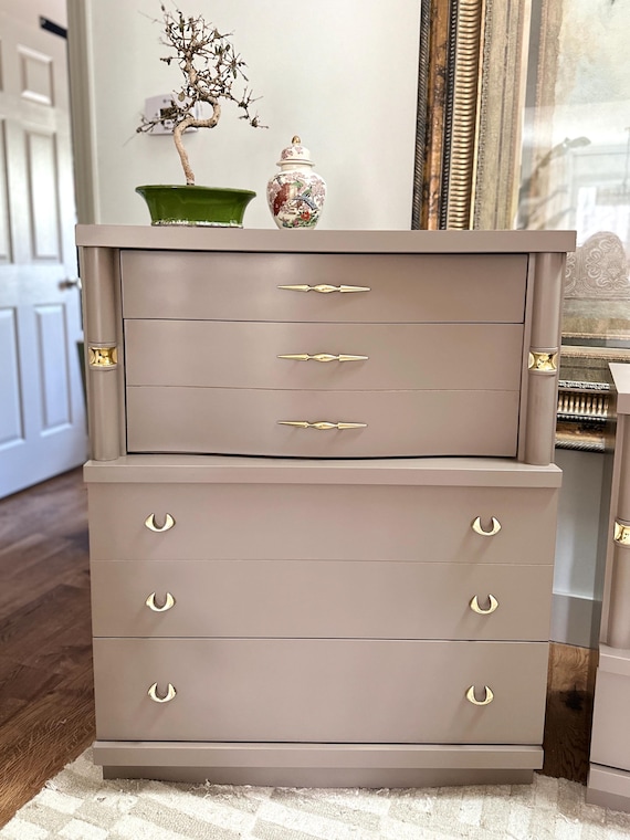AVAILABLE *** MCM Vintage Bassett Curved Dresser | Luxe Taupe & Gold |  Original Brass Hardware | Highboy | Chest | Shipping NOT Free - Etsy Ireland