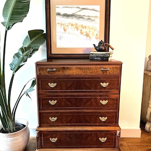 AVAILABLE Refinished Vintage French Provincial Highboy | Burl Wood and Brass Original Hardware | 1930s Antique Dresser | Shipping NOT free