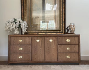 SOLD*** Vintage Stanley Campaign Dresser | 9-Drawer Sideboard with Gold Accents | Solid Wood Mid Century Storage | Shipping Included