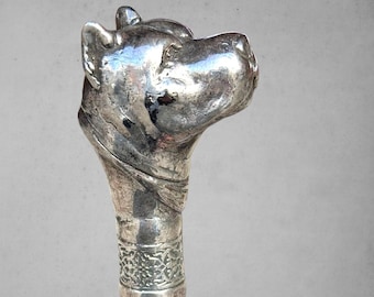 Unique Silver Pitbull Walking Stick, Handmade Devrek Cane