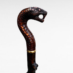 May include: A handcrafted wooden walking cane with a snake head handle. The snake head is intricately carved with detailed scales and open mouth. The cane is dark brown with a gold band near the top.