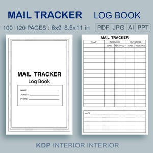 Puede incluir: Un libro de registro Mail Tracker blanco con un título azul. El libro tiene 100 o 120 páginas y mide 15,24 x 22,86 cm o 21,59 x 27,94 cm. El diseño incluye secciones para nombre, dirección, teléfono y seguimiento del correo.