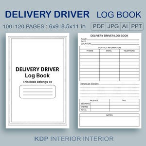 Puede incluir: Plantilla de libro de registro imprimible en blanco y negro para conductores de reparto. La plantilla incluye secciones para el nombre, la fecha, la ubicación, la información de contacto, los pedidos cancelados, el kilometraje, las propinas y las notas. El texto "DELIVERY DRIVER LOG BOOK" está en la parte superior de la página.