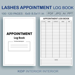 Może przedstawiać: Czarno-biały, drukowany terminarz do rezerwacji wizyt dla osób zajmujących się rzęsami. Terminarz ma 100 lub 120 stron i format 15,24 x 22,86 cm lub 21,59 x 27,94 cm. Terminarz zawiera stronę tytułową z napisem "Terminarz" oraz miejsce na wpisanie imienia i nazwiska właściciela. Zawiera również stronę do zapisywania wizyt z kolumnami na numer wizyty, imię i nazwisko, kontakt, adres e-mail i godzinę. Dodatkowo zawiera sekcję na notatki.