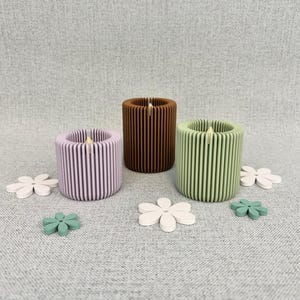 Könnte beinhalten: Drei zylindrische Kerzenhalter in Pastellfarben: Lavendel, Braun und Grün. Jeder Halter hat vertikale Rillen und eine Kerze. Dekorative Holzblumen in Weiß und Grün sind um die Halter herum verstreut.