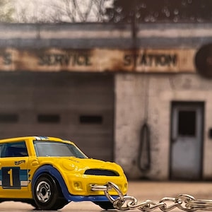 Mini Cooper S Rally Key Chain, Yellow and Blue Mini R56 Hot Wheels Diecast Car with Key Ring. Great Gift for a Mini Lover