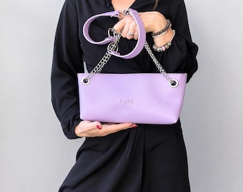 Lavender Faux Leather Shoulder Purse: Purple Crossbody Bag with Chain