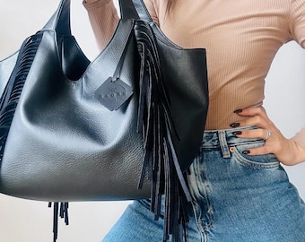 Schwarze Hobo Tasche, Einkaufstasche Western Work, Fransen Geldbörse