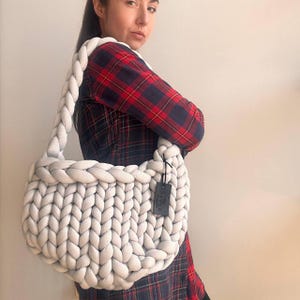 Hand Knit Chunky Yarn Hobo Bag: Light Grey Crochet Shoulder Bag