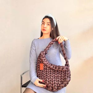 Chunky Knit Hobo Bag: Brown Crochet Shoulder Bag