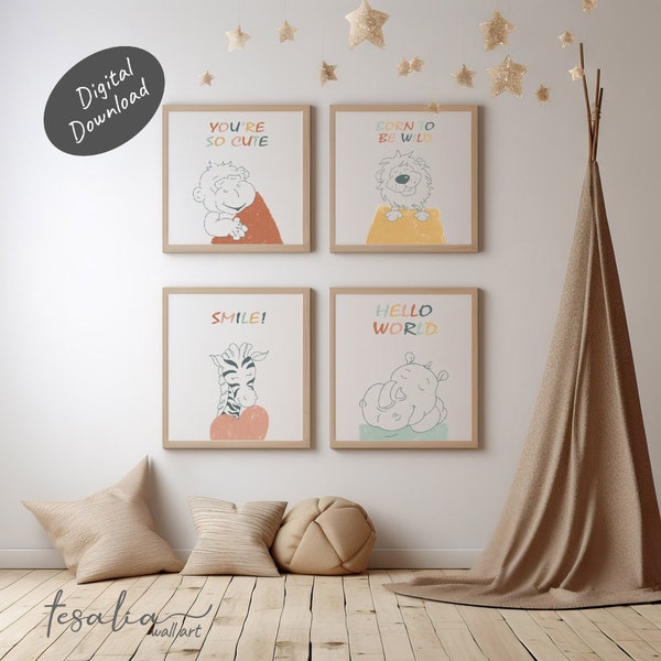 Children's wall decoration. Jungle animals. Digital download. Art for children. Downloadable wild animal illustrations. Prints for paintings.