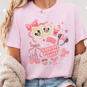 Maglietta &quot;Il posto più felice della Terra&quot;, maglietta Disney Topolino e Minnie, maglietta Disney con ciondolo a cuore, maglietta Disney con fiocco Coquette, maglietta Disney con coppia
