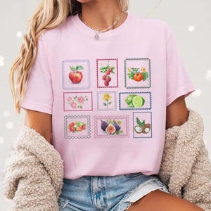 Camiseta con sellos de frutas de princesas Disney, camiseta con sellos de frutas y flores en acuarela, camiseta con sellos de frutas de verano, camiseta con sellos postales vintage