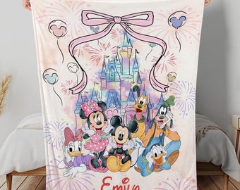 Manta personalizada de acuarela de Disney Coquette, manta de Mickey y sus amigos, manta de Magic Kingdom, manta de cumpleaños de Disney, manta de Disneyland