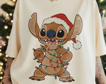 Disney Christmas Sweatshirt, Disney Stitch Christmas Sweater, Gingerbread Stitch Holiday Shirt,  Stitch Santa Hat Christmas Lights Shirt