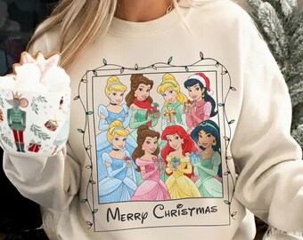 Bluza świąteczna Disney Princess w stylu vintage, z okrągłym dekoltem, świątecznymi światełkami i prezentami, Bella Ariel Jasmine i Królewna Śnieżka