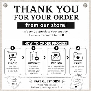 May include: A white informational card with black text and icons. The header reads THANK YOU FOR YOUR ORDER from our store! Below, a four-step process is outlined: 1. CHOOSE, 2. CHECK OUT, 3. SEND INFO, 4. ENJOY! A heart icon and a small business tag are included.