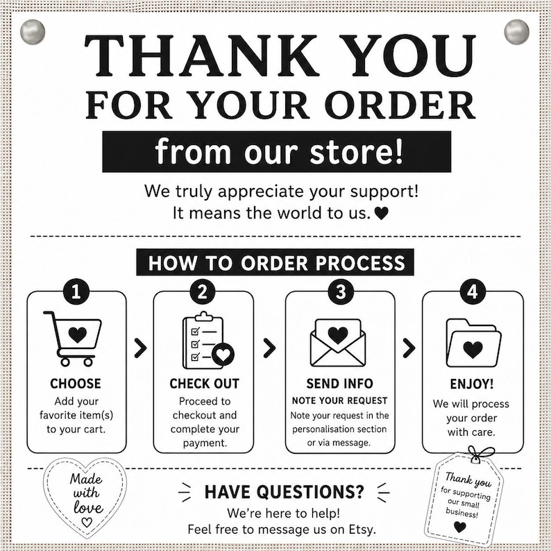 May include: A white informational card with black text and icons. The header reads THANK YOU FOR YOUR ORDER from our store! Below, a four-step process is outlined: 1. CHOOSE, 2. CHECK OUT, 3. SEND INFO, 4. ENJOY! A heart icon and a small business tag are included.