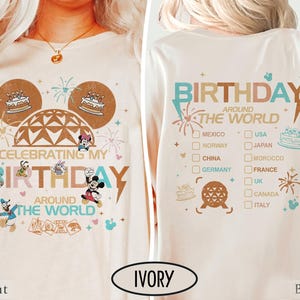 Dubbelzijdig Epcot-verjaardagsshirt, Celebrating My Birthday Around The World-shirt, Mickey and Friends-shirt, Disney Epcot World Tour-shirt
