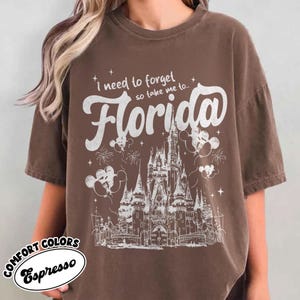May include: Espresso-coloured t-shirt featuring the text "I need to forget so take me to... Florida" in white script. The design includes a castle illustration, fireworks, and Mickey Mouse balloons. The shirt is from Comfort Colors.