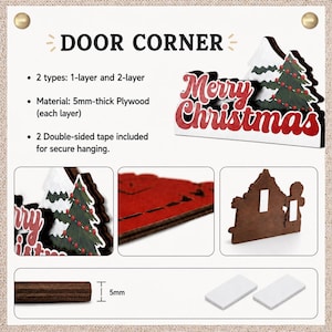 May include: A wooden door corner decoration featuring the text Merry Christmas in red, with a green Christmas tree and white snow. The product is made of 5mm-thick plywood, available in 1-layer or 2-layer types, and includes two pieces of double-sided tape.