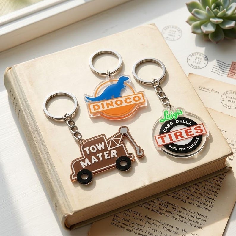 Puede incluir: Tres llaveros de acr&iacute;lico con dise&ntilde;os de la franquicia de pel&iacute;culas Cars. Uno es el cami&oacute;n marr&oacute;n Tow Mater, otro es el logotipo naranja de Dinoco con un dinosaurio azul, y el tercero es el logotipo circular de Luigi's Casa Della Tires con texto en negro y rojo.