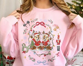 Chip N Dale Weihnachts-Sweatshirt, Retro Chip und Dale Weihnachts-Shirt, Double Trouble Disney Urlaub Rundhalsausschnitt, Coquette Weihnachten Passendes Shirt