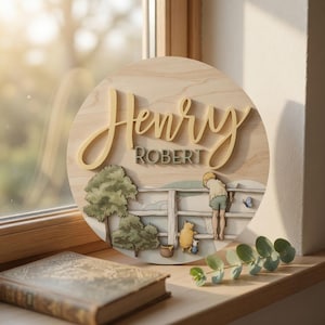 May include: A circular wooden wall sign featuring the name Henry in large yellow script and Robert in smaller green block letters. Below the text is a layered illustration of a child leaning on a fence with a bear and a small blue butterfly.