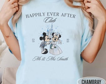 Camiseta de Mickey y Minnie "Y vivieron felices para siempre", Camisetas personalizadas de Disney para Sr. y Sra., Camiseta de recién casados, Camisetas de pareja Disney, Camiseta para viaje de luna de miel