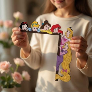 May include: A decorative L-shaped frame cutout featuring illustrations of seven animated princesses, including Snow White, Cinderella, Belle, Ariel, Aurora, and Rapunzel, arranged along the top and right edges with colorful character details.