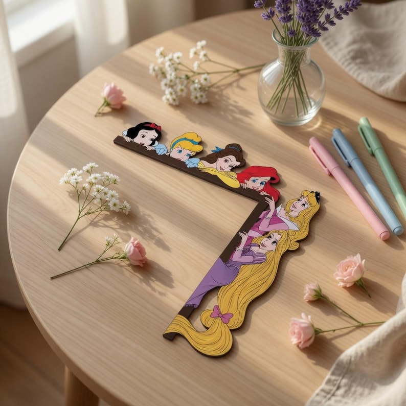 May include: An L-shaped decorative frame featuring colorful illustrations of six animated princesses, including Snow White, Cinderella, Belle, Ariel, Aurora, and Rapunzel, arranged along the top and right edges of the frame structure.