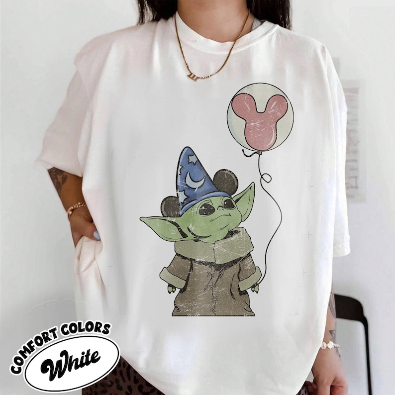 Comfort Colors Grogu Sorcerer Hat Shirt, Baby Yoda Mickey Balloon Tee, Star Wars Fantasia Disney Trip Shirt, Star Wars Grogu Sweatshirt White