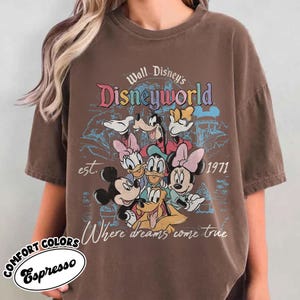 May include: Brown t-shirt featuring a graphic of Disney characters including Mickey, Minnie, Donald, Daisy, and Goofy. The design includes the text "Walt Disney's Disneyworld" and "est. 1971", with the phrase "Where dreams come true". The shirt is labeled "Comfort Colors Espresso".