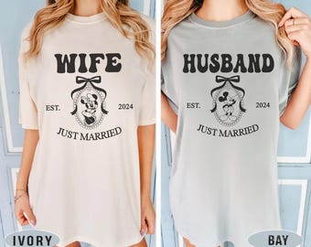 Camiseta Disney para marido y mujer, Camiseta a juego para pareja de Mickey y Minnie, Camiseta Disney con lazo coqueto para pareja, Camiseta para viaje de luna de miel, Conjunto para fiesta de bodas