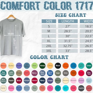 Puede incluir: Una tabla de tallas para una camiseta con medidas en pulgadas. La tabla muestra la longitud y el ancho de la camiseta en las tallas S, M, L, XL, 2XL y 3XL. Una tabla de colores muestra una variedad de colores para la camiseta.