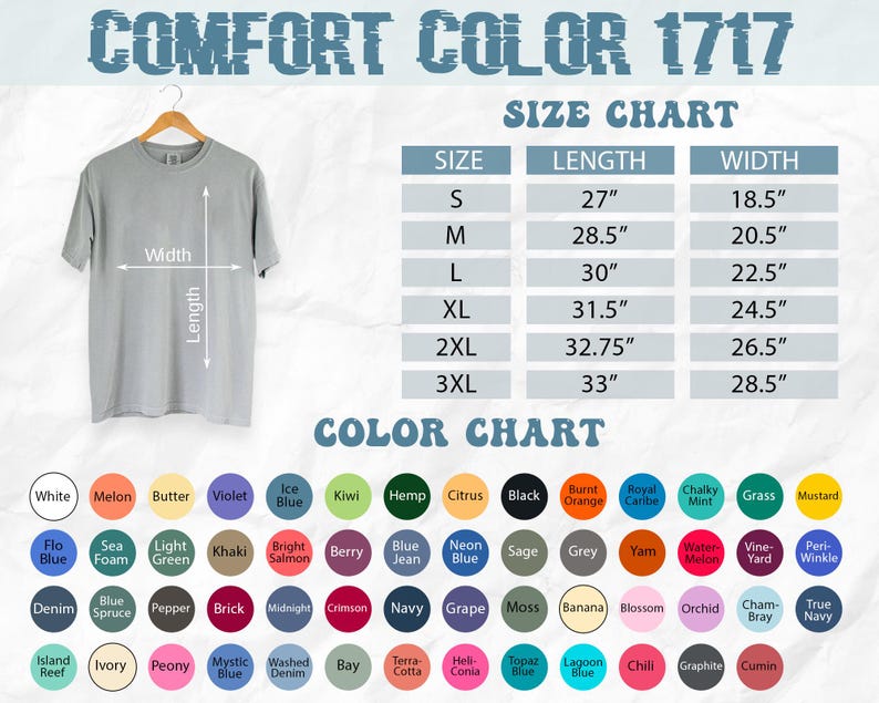 Puede incluir: Una tabla de tallas para una camiseta con medidas en pulgadas. La tabla muestra la longitud y el ancho de la camiseta en las tallas S, M, L, XL, 2XL y 3XL. Una tabla de colores muestra una variedad de colores para la camiseta.