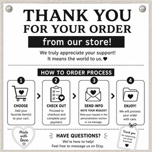 May include: A white informational card with black text and icons. The header reads THANK YOU FOR YOUR ORDER from our store! Below, a four-step process is outlined: 1. CHOOSE, 2. CHECK OUT, 3. SEND INFO, 4. ENJOY! A heart icon and a small business tag are included.