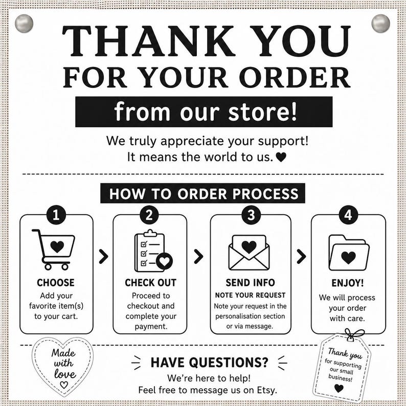 May include: A white informational card with black text and icons. The header reads THANK YOU FOR YOUR ORDER from our store! Below, a four-step process is outlined: 1. CHOOSE, 2. CHECK OUT, 3. SEND INFO, 4. ENJOY! A heart icon and a small business tag are included.