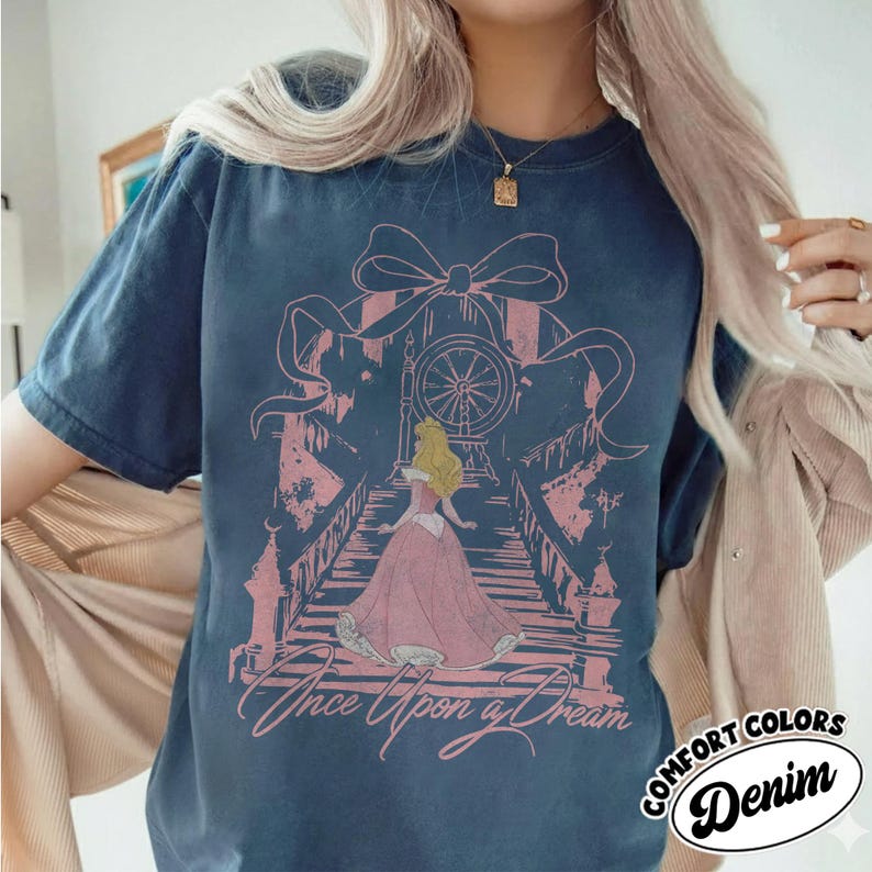 Once Upon A Dream Shirt, Vintage Disney Sleeping Beauty T-Shirt, Princess Aurora Coquette Tee, Pink Disney Princess Shirt, Disney Trip Shirt Denim-Comfort