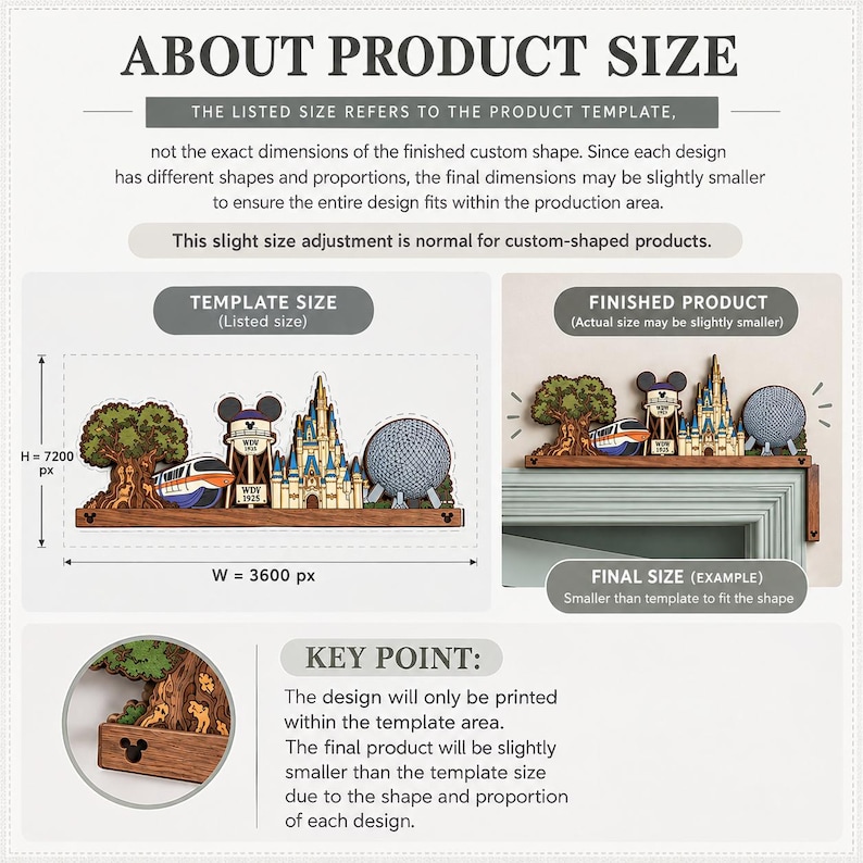 May include: An informational graphic titled ABOUT PRODUCT SIZE explaining custom shape dimensions. It features a wooden shelf display with icons of a tree, monorail, castle, and sphere. Text includes TEMPLATE SIZE, FINISHED PRODUCT, and KEY POINT.